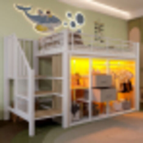 Lit mezzanine enfant 90x200 cm, 2 tiroirs, penderie ouverte, éclairage LED, compartiment de rangement, sans matelas, blanc