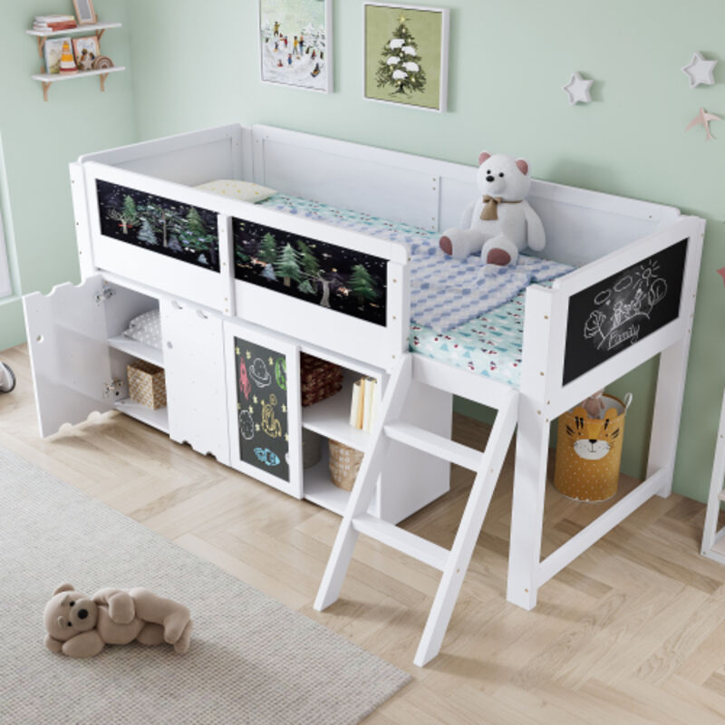 Lit mezzanine enfant 90x200 cm – armoire 2 portes, tableau ardoise, échelle inclinée 2 marches, garde-corps sécurité, pin/MDF, blanc, sans matelas
