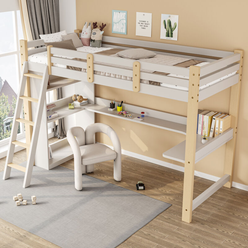 Lit mezzanine 90x200 cm lit enfant avec bandes de protection, sommier à lattes et échelle, bureau et étagères intégrés, en bois massif, couleur