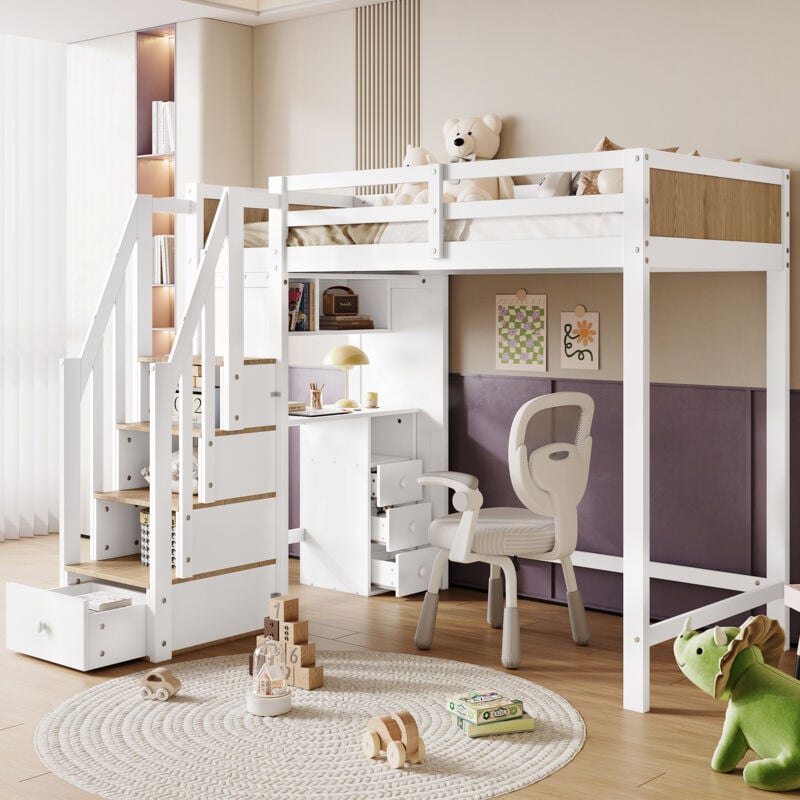 Wishdor - Lit mezzanine enfant 90x200 cm avec bureau avec 3 tiroirs, blanc et naturel