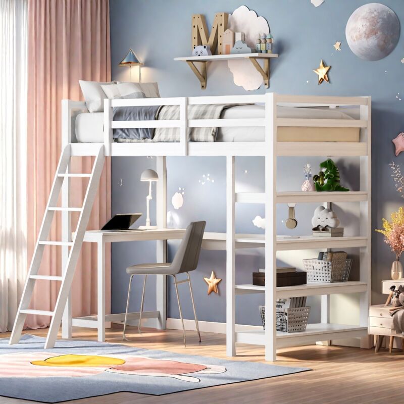 Lit mezzanine enfant 90x200 cm, avec bureau et 4 compartiments de rangement, avec escalier et grille antichute, en bois de pin de haute qualité,