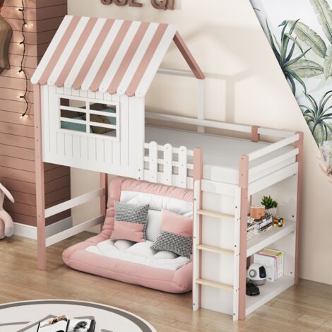Lit mezzanine enfant 90x200 cm avec escalier de sécurité avec compartiment de rangement, sommier à lattes, forme de toit, structure en bois massif, adapté aux enfants et adolescents - Rose