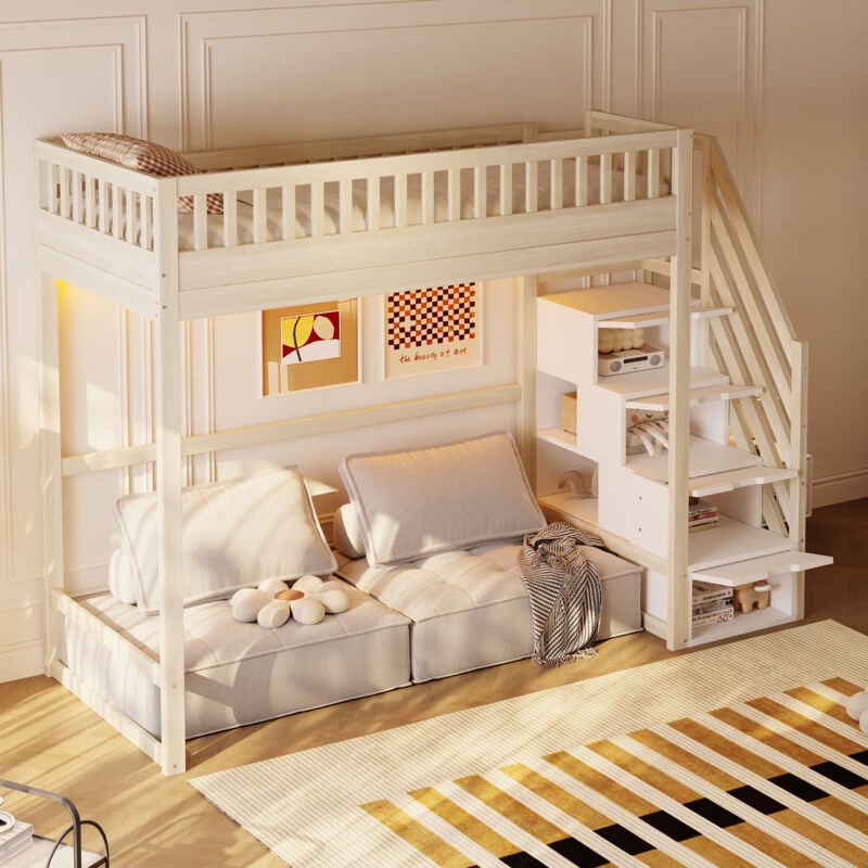Lit mezzanine enfant 90x200 cm avec escalier rangement réversible, garde-corps continu, LED, bois naturel
