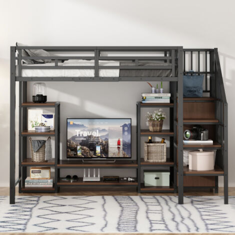 Lit mezzanine enfant 90x200 cm avec meuble TV, prise électrique et escalier de  rangement, étagères de rangement ouvertes, sans matelas, noir