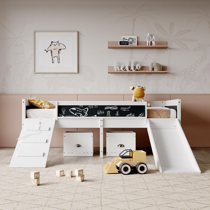 Lit mezzanine enfant 90x200 cm avec toboggan, 2 tiroirs, tableau noir, sommier à lattes, barrières latérales - Blanc - Blanc