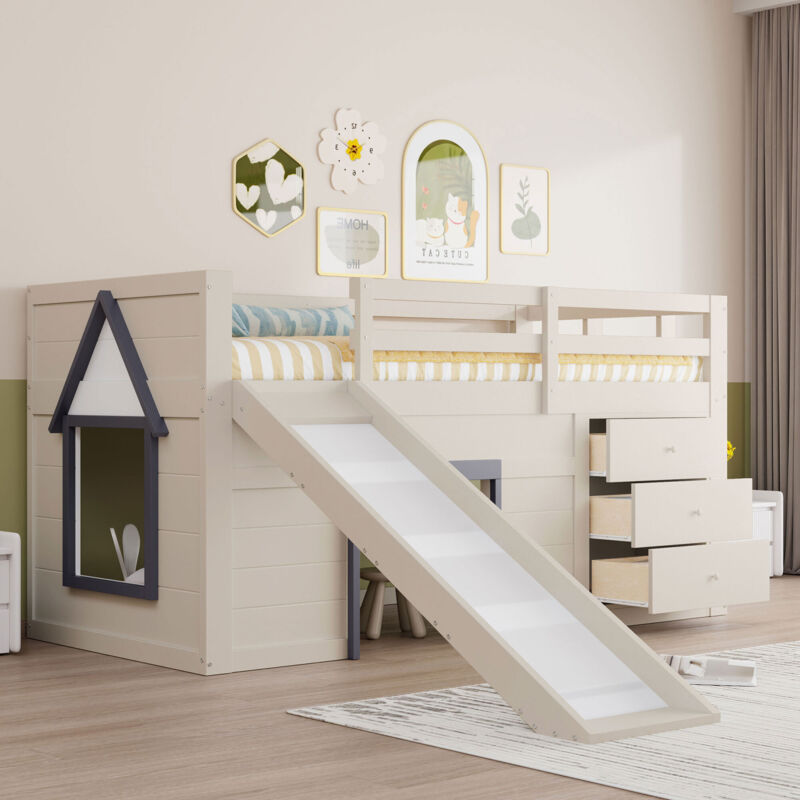 Lit Mezzanine Enfant 90x200 cm avec Toboggan, 3 Tiroirs de Rangement et 1 Porte - Bois Massif + MDF - Beige