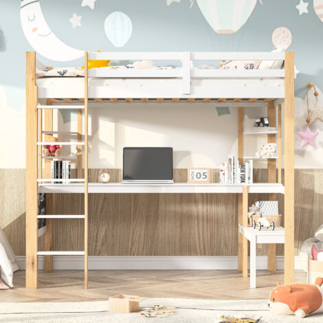 Lit mezzanine enfant 90x200 cm, lit mezzanine 2 places,avec bureau et étagères, lit surélevé en pin blanc et bois naturel, avec échelle stable, barrières de sécurité, tableau noir décoratif