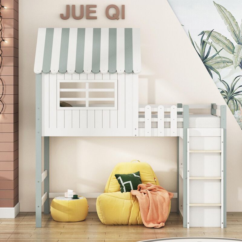 Lit Mezzanine enfant 90x200 cm - Avec barrière de sécurité, moulure de toit et sommier à lattes, avec échelle de sécurité et compartiment de