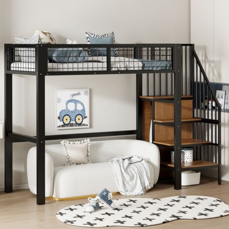 Lit mezzanine enfant 90x200 noir avec structure en fer, échelle, armoire et étagère de rangement - Lit gain de place Lit simple (sans Matelas)