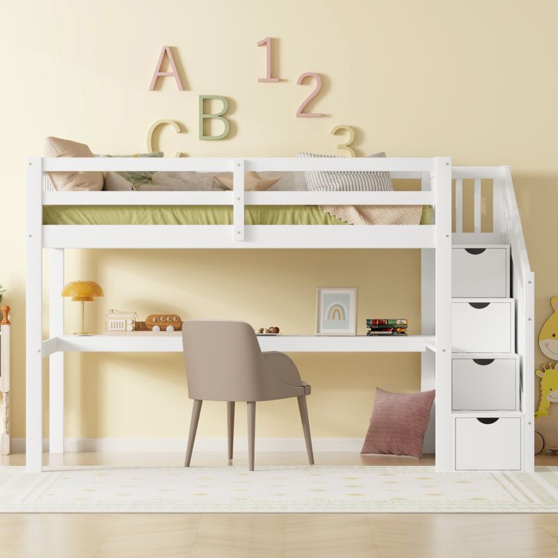 Lit mezzanine enfant 90x200cm - avec 4 meubles de rangement et table, sommier à lattes, lit adulte pour ado, style contemporain - blanc