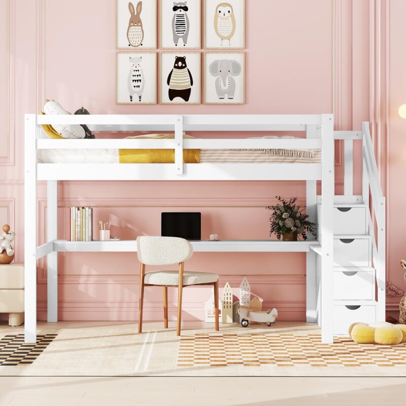 Tanant – Lit mezzanine enfant 140x200cm – Bureau et rangement sous le lit – Bois de pin – Hauteur 150cm – Capacité 120kg – Blanc