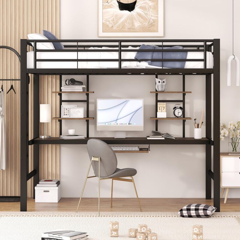 Lit mezzanine enfant 90x200cm - avec bureau pour étude et 2 étagères, Cadre de lit en fer, cadre en métal, Lit ado style industriel - noir