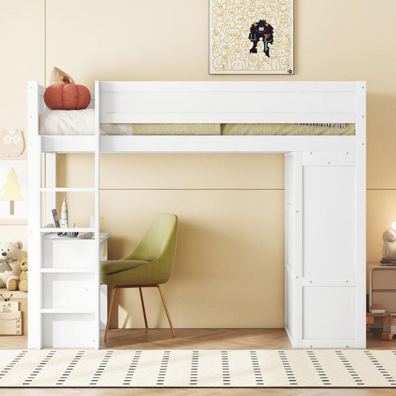 Tanant - Lit mezzanine enfant 90x200cm - avec équipé d'armoire, en bois de pin, lit superposé, lit enfant avec bureau et tiroirs - Blanc