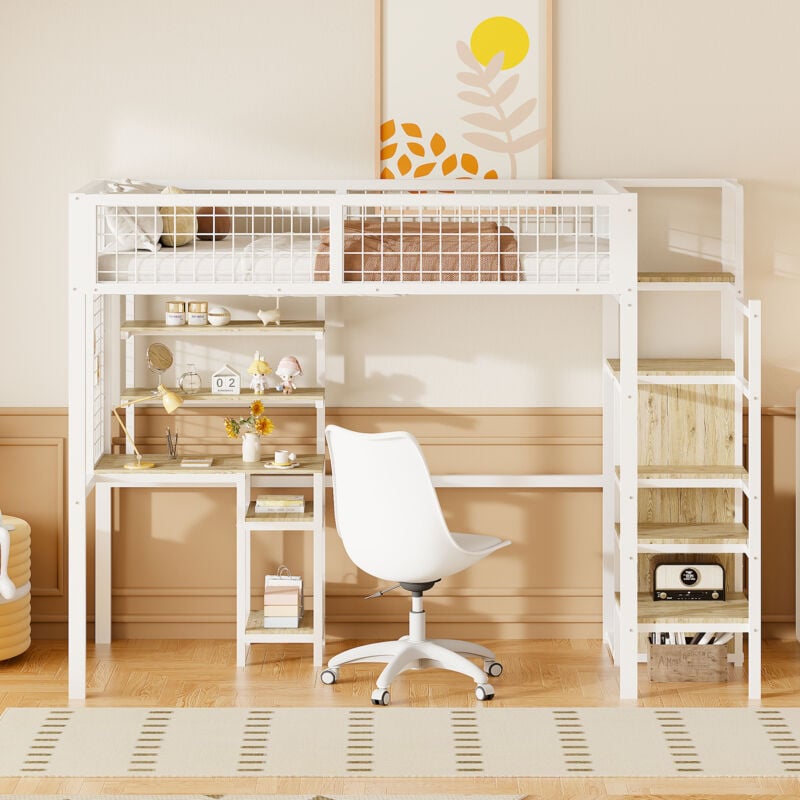 Lit mezzanine enfant 90x200cm, avec escalier, armoire de rangement, avec bureau, structure en fer métallique, clôture anti-chute, lit enfant simple,