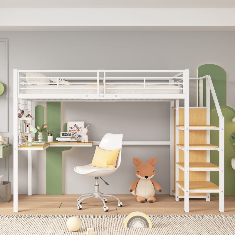 Lit mezzanine enfant 90x200cm, avec table et armoire, marchepieds latéraux avec mains courantes, base en métal, cadre de lit en fer forgé, style