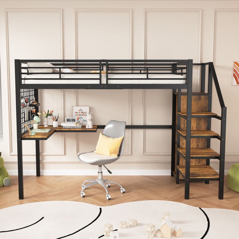 Lit mezzanine enfant 90x200cm, avec table et armoire, marchepieds latéraux avec mains courantes, base en métal, cadre de lit en fer forgé, style