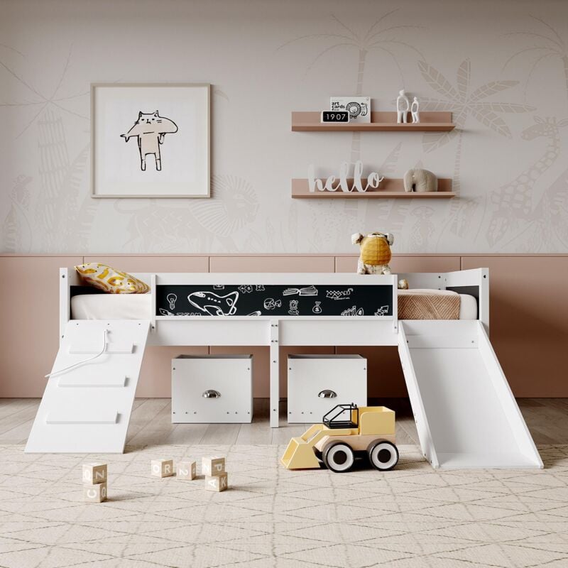 LBF - Lit mezzanine enfant 90x200cm avec toboggan, échelle, 2 tiroirs, tableau noir, sommier à lattes en bois massif - Blanc - Blanc