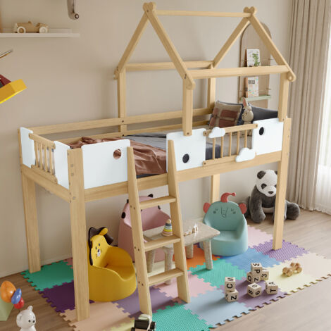 Lit mezzanine enfant 90x200cm blanc et naturel, design de toit unique, barrières anti-chute, échelle inclinée à 3 marches, cadre en pin + MDF
