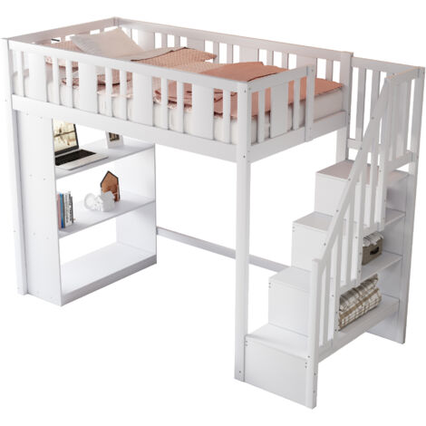 Lit Mezzanine Enfant 90x200cm - Bois Blanc, Escalier Rangement + Grands Compartiments, Multifonction