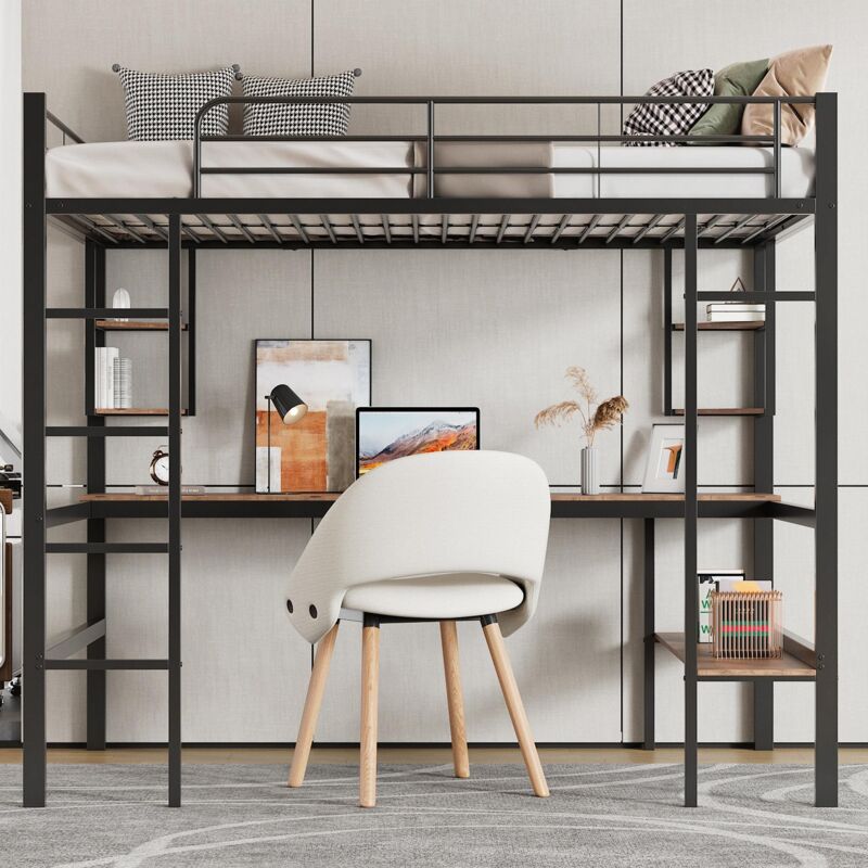Lit mezzanine enfant 90x200cm - cadre en métal, lit mezzanine avec bureau, échelle et 4 petite étagères de coins, style industriel - noir