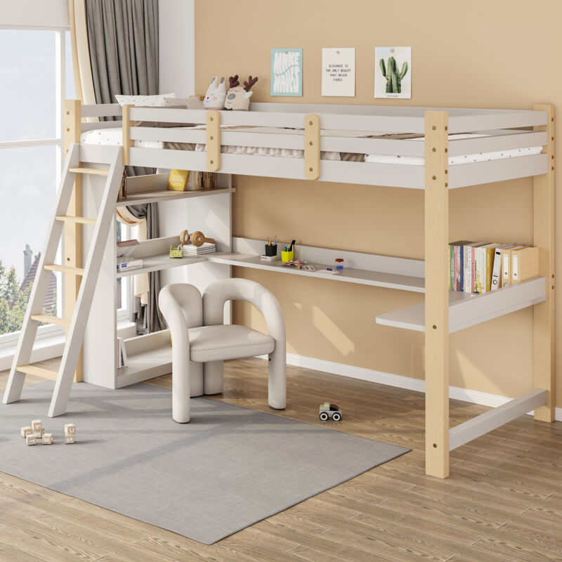 Lit mezzanine enfant 90x200cm, en bois, sans matelas, lit simple avec bureau et étagère, blanc