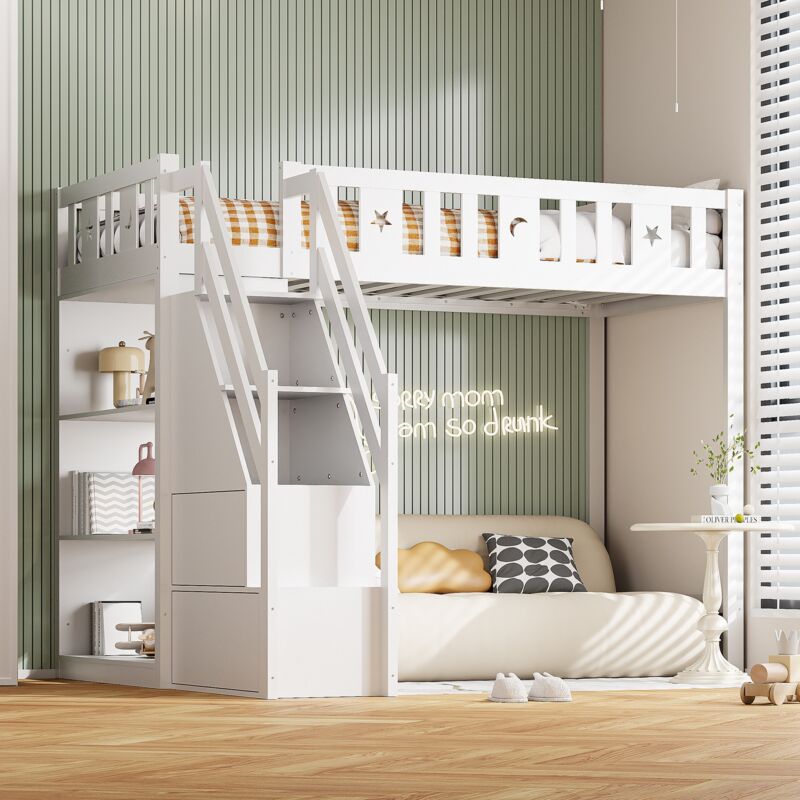 Tanant - Lit mezzanine enfant 90x200cm - Escalier avec rangements, haute balustrade, sommier à lattes, lit adulte pour ado, style contemporain, bois