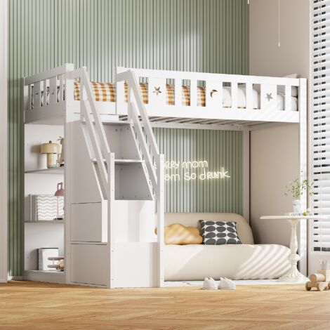 Lit Mezzanine Ted 2 Places 140x190 cm en Bois massif Naturel ou Blanc