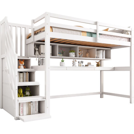 Lit mezzanine enfant 90x200cm, escalier de rangement,bureau sous le lit,4 compartiments de rangement,blanc