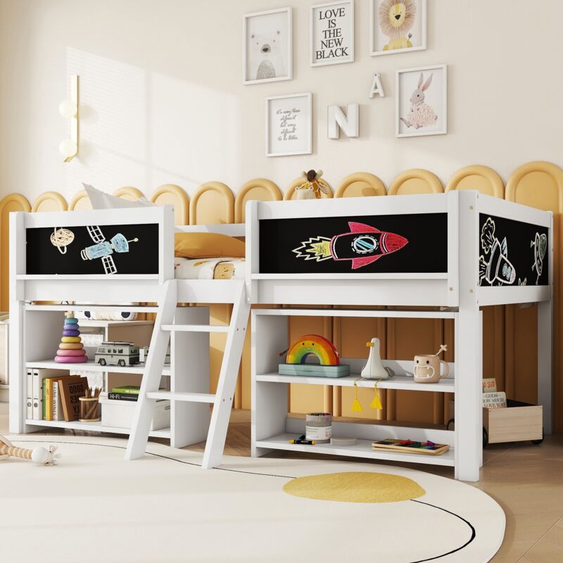 Lit mezzanine enfant 90x200cm, étagères multiples, panneau graffiti, Cadre à lattes, Barrière de sécurité, escalier, pin, Lit enfant moderne - Blanc