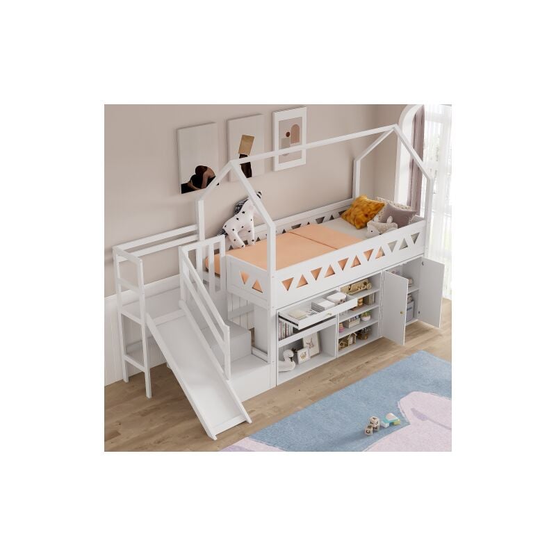 Wishdor - Lit mezzanine enfant 90x200 cm, lit enfant avec toboggan et escalier, tiroirs et rangements, porte magnétique, sans matelas, blanc