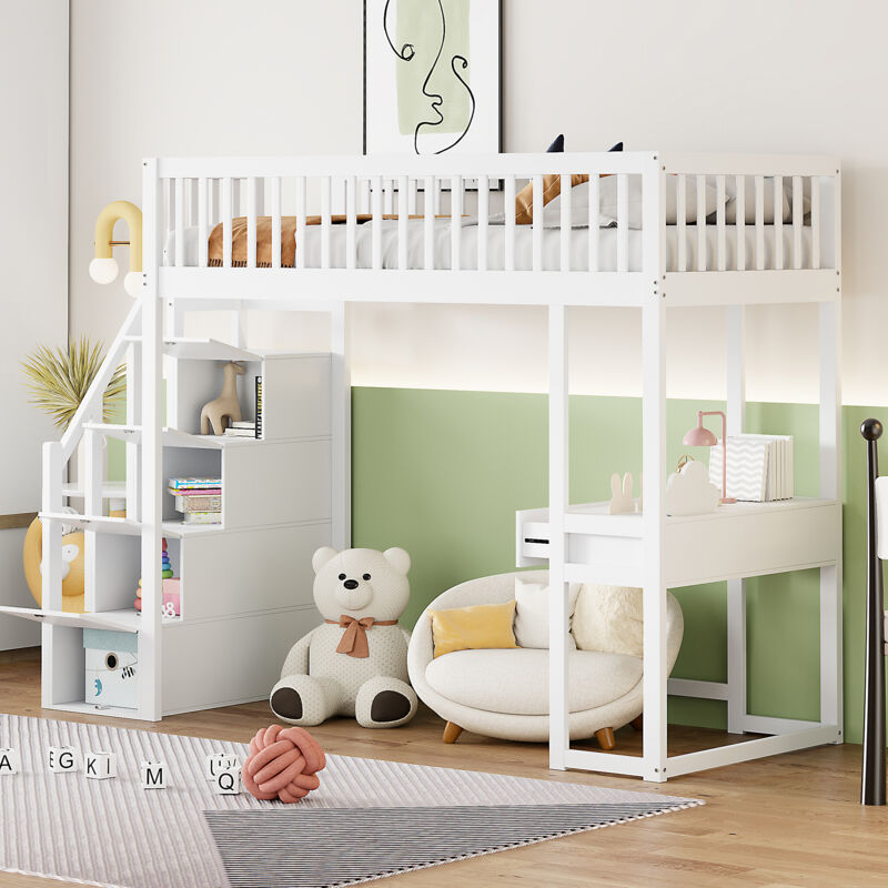 Modfu - Lit mezzanine enfant 90x200cm, sans matelas, en bois, lit simple avec bureau, escalier avec rangement, blanc