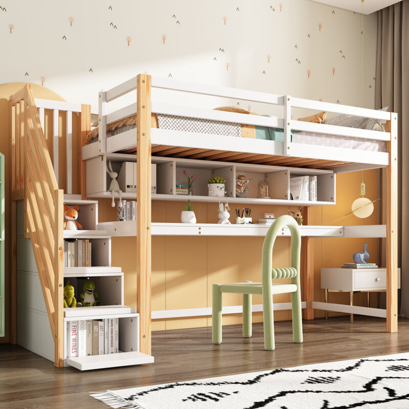 Okwish - Lit mezzanine 90x200 cm lit enfant avec escalier de rangement, grand bureau et étagères, en bois massif + mdf, naturel et blanc