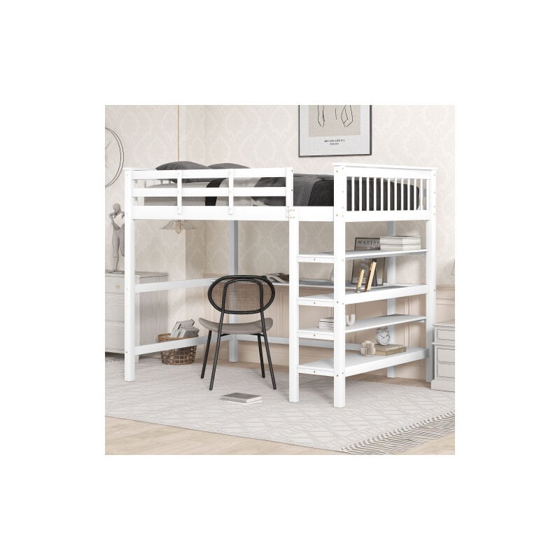Okwish - Lit mezzanine 90x200cm, lit enfant, lit simple avec armoire bureau et tiroirs, en bois de pin, blanc, sans matelas
