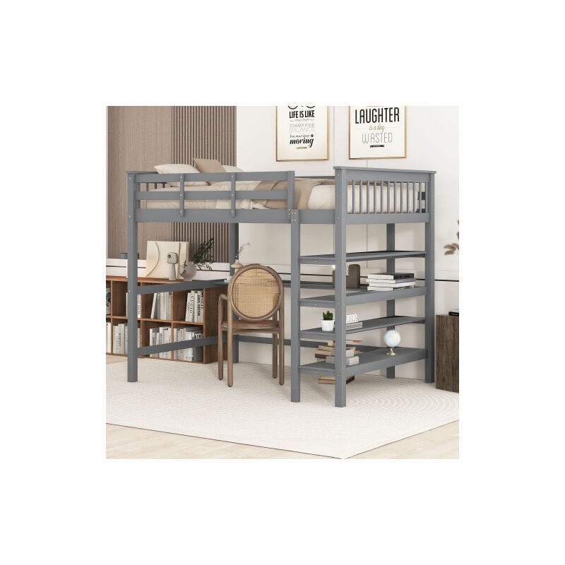 Okwish - Lit mezzanine 140 x 200 lit enfant avec rangements et bureau sous le lit, en bois de pin, gris, sans matelas