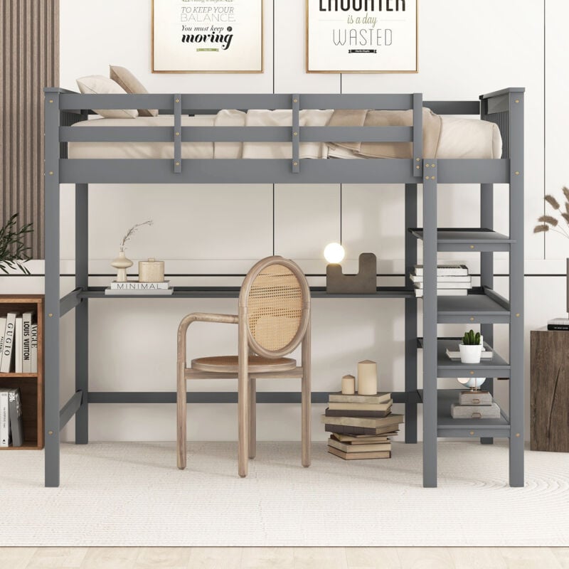 Redom - Lit mezzanine enfant 140 x 200 avec rangements et bureau sous lit, gris