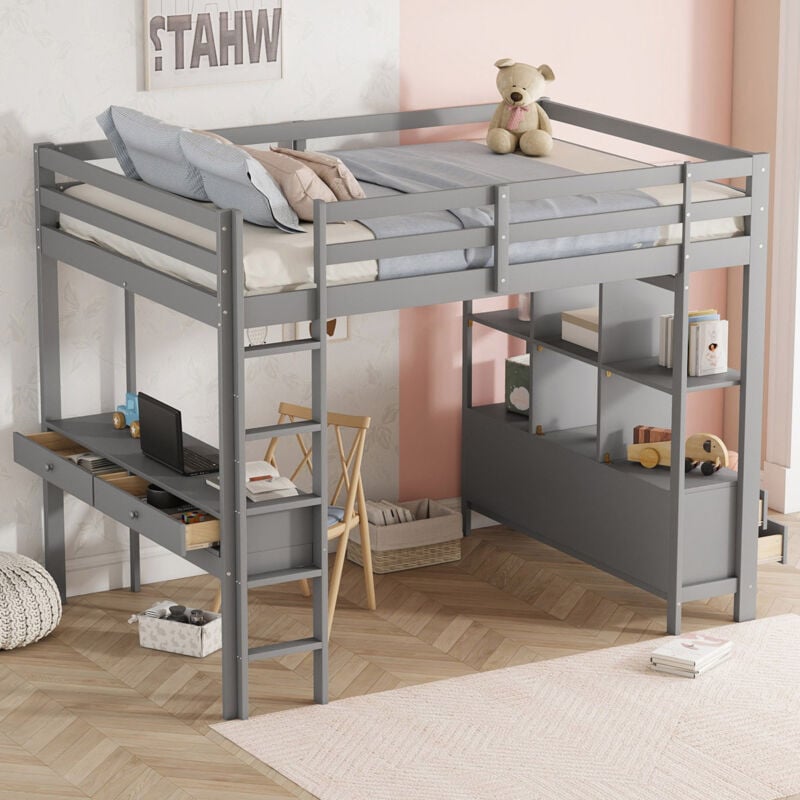 Wishdor - Lit mezzanine avec bureau, lit mezzanine enfant 140x200 cm avec étagères et tiroirs, cadre de lit en pin, gris