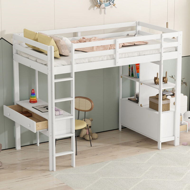 Wishdor - Lit mezzanine avec bureau, lit mezzanine enfant 90x200 cm avec étagères et tiroirs, cadre de lit en pin, blanc
