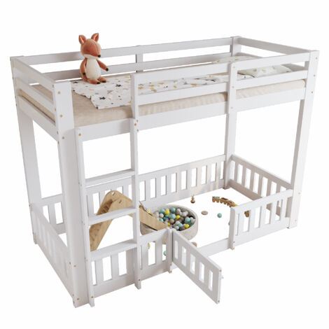 Lit mezzanine enfant bois massif blanc 90x200 cm avec escalier droit, barrières et porte, espace libre dessous