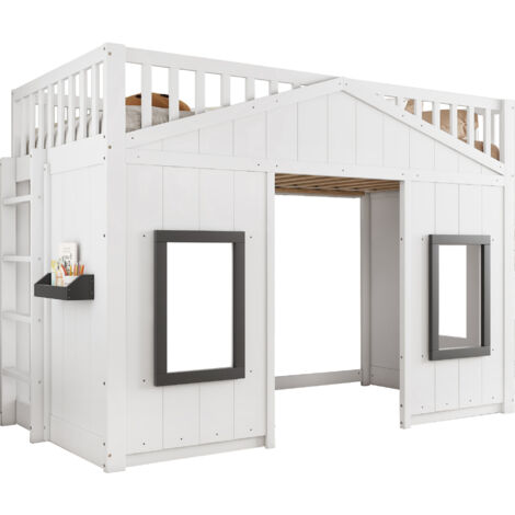 Lit mezzanine enfant bois massif + MDF blanc 90x200 cm avec escalier, barrières de sécurité et fenêtres