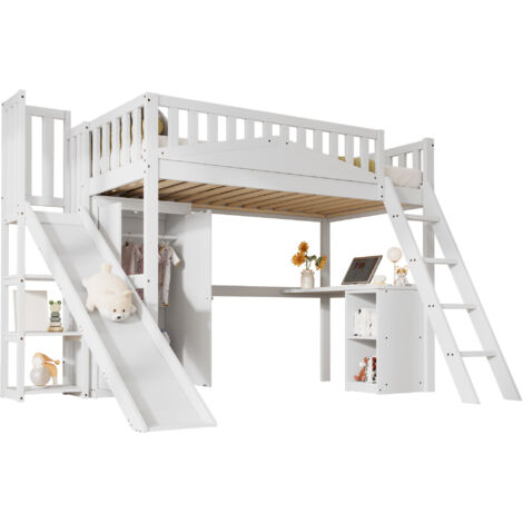 Lit mezzanine enfant bois massif/MDF blanc 90x200 cm avec toboggan, bureau, armoire et rangements