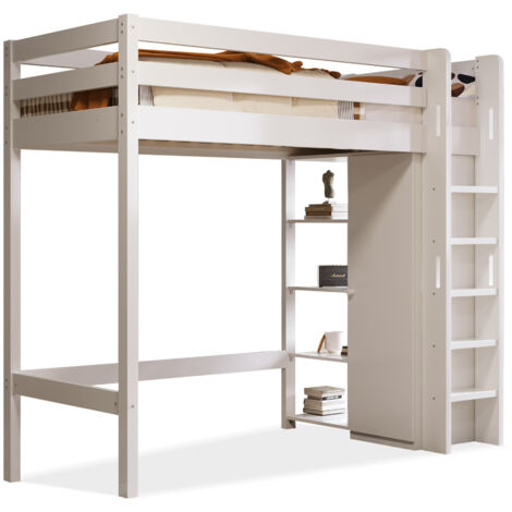 Lit mezzanine enfant bois/panneaux de particules blanc 90x200 cm avec armoire, 6 étagères et sommier à lattes inclus