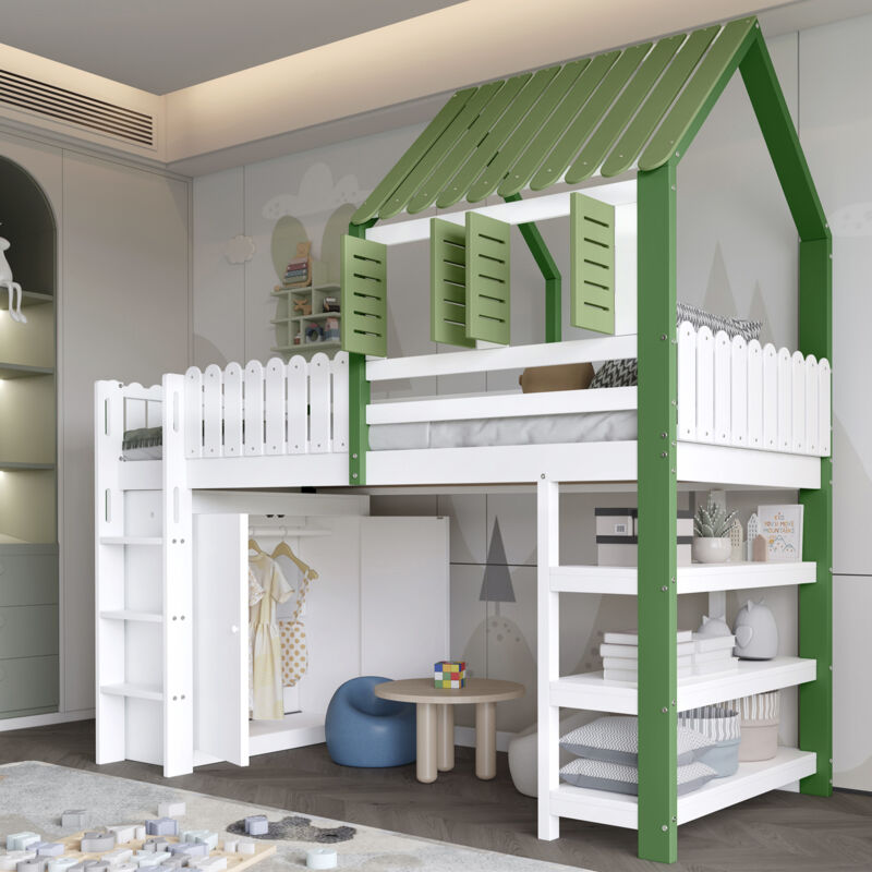 Lit mezzanine enfant en bois 90×200cm avec rangement, lit cabane, penderie et étagères, sans matelas, antichute, blanc + vert