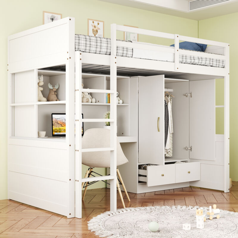 Lit mezzanine enfant en bois 90×200cm, bureau+armoire 2 tiroirs, sans matelas, antichute, blanc