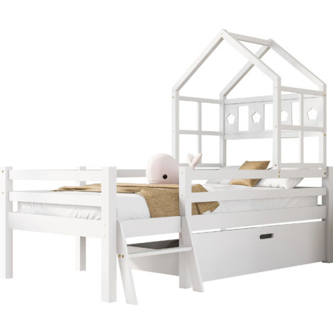 Lit mezzanine enfant en bois massif blanc 90x200 cm avec échelle, tiroir de rangement et sommier à lattes