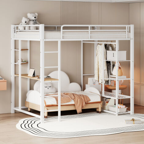 Lit mezzanine enfant, lit mezzanine 140x200 cm avec burau, échelle, cadre de lit en métal avec étagères de rangements, blanc
