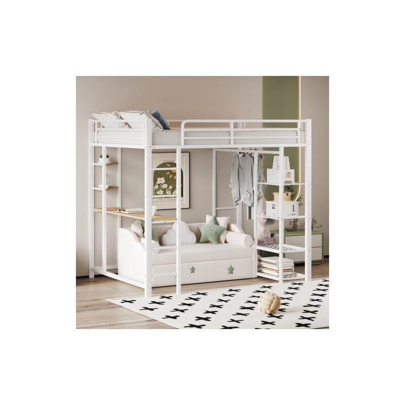 Lit mezzanine enfant, lit mezzanine 90x200 cm avec burau, échelle, cadre de lit en métal avec étagères de rangements, blanc