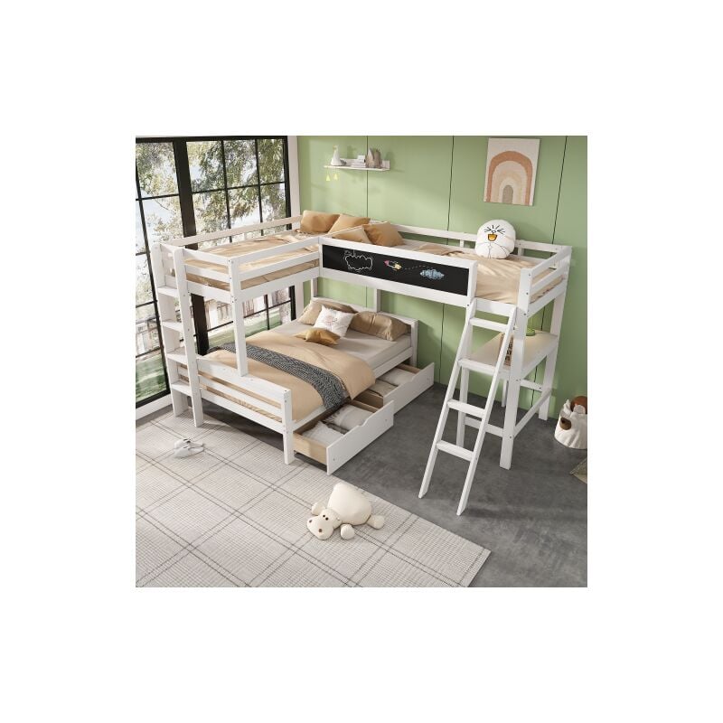 Lit mezzanine avec bureau, lit mezzanine 90x200 cm, lit enfant 140x200 cm avec tiroirs, cadre de lit en bois, blanc