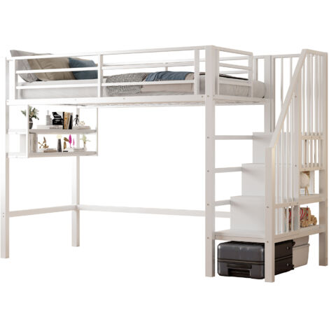 Lit mezzanine enfant métal blanc 90x200 cm avec étagères et échelle de rangement, garde-corps, sans matelas