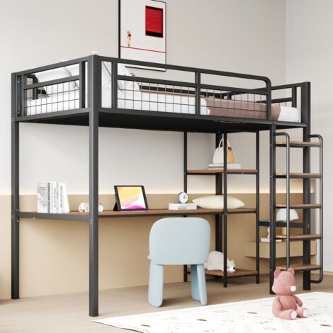 Lit mezzanine enfant métal noir 90x200 cm avec échelle marches, barrière grillagée, table bureau + étagères (sans Matelas)