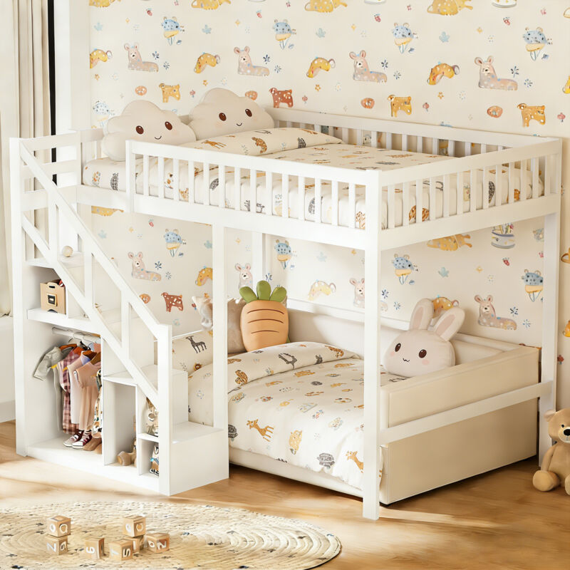 Lit mezzanine enfant pin 90x200 cm, Lit superposé enfant avec échelle de rangement armoire étagères et sommiers à lattes, avec protection antichute,